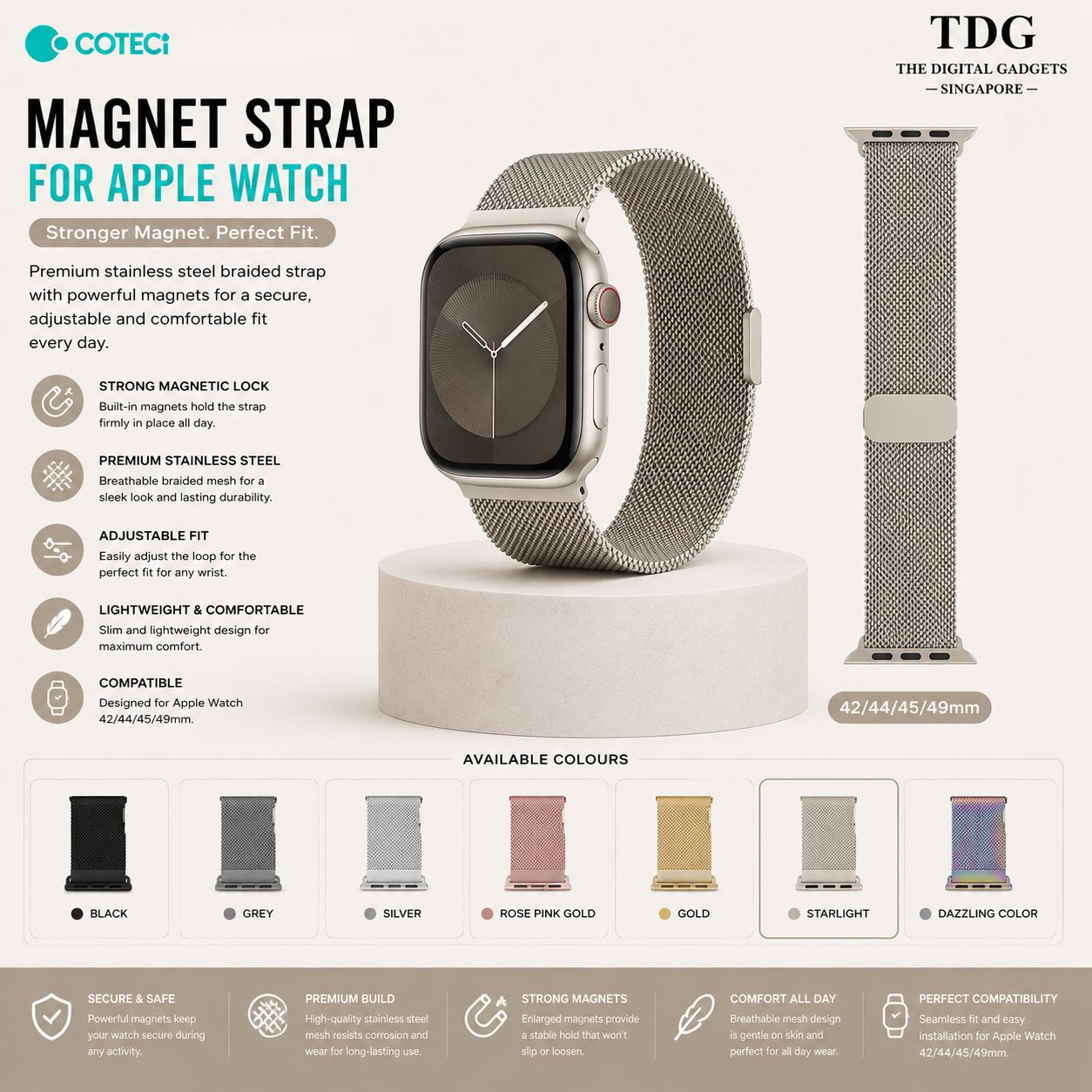 COTECi Apple Watch Magnetic Strap 42/44/45/49mm - Starlight