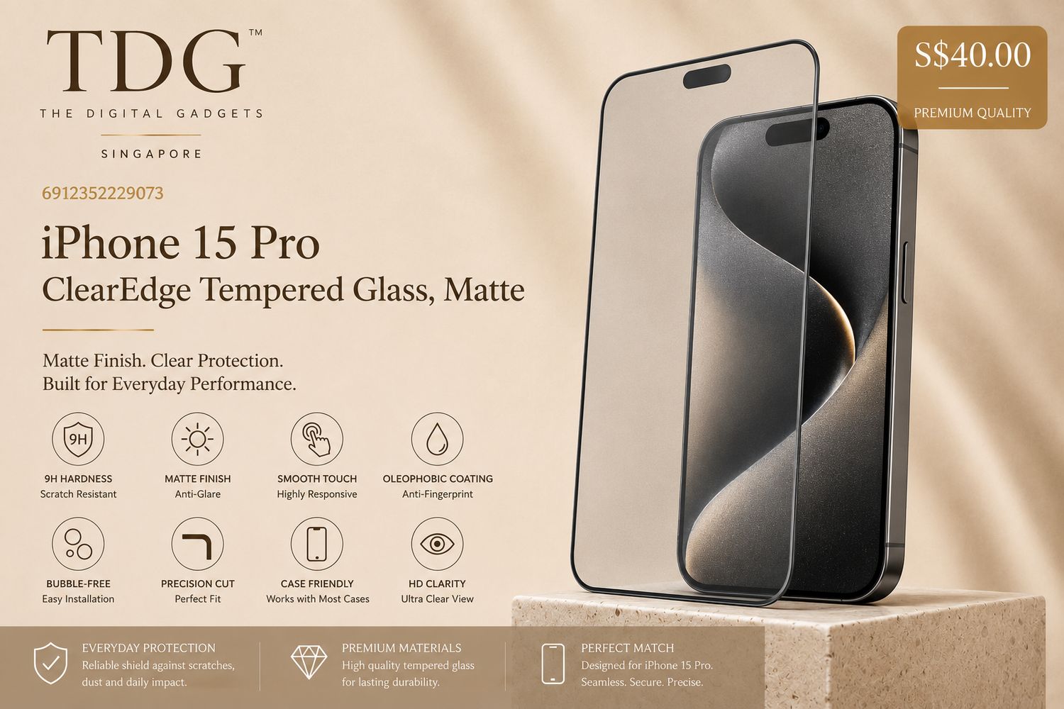TDG iPhone 15 Pro ClearEdge Tempered Glass, Matte