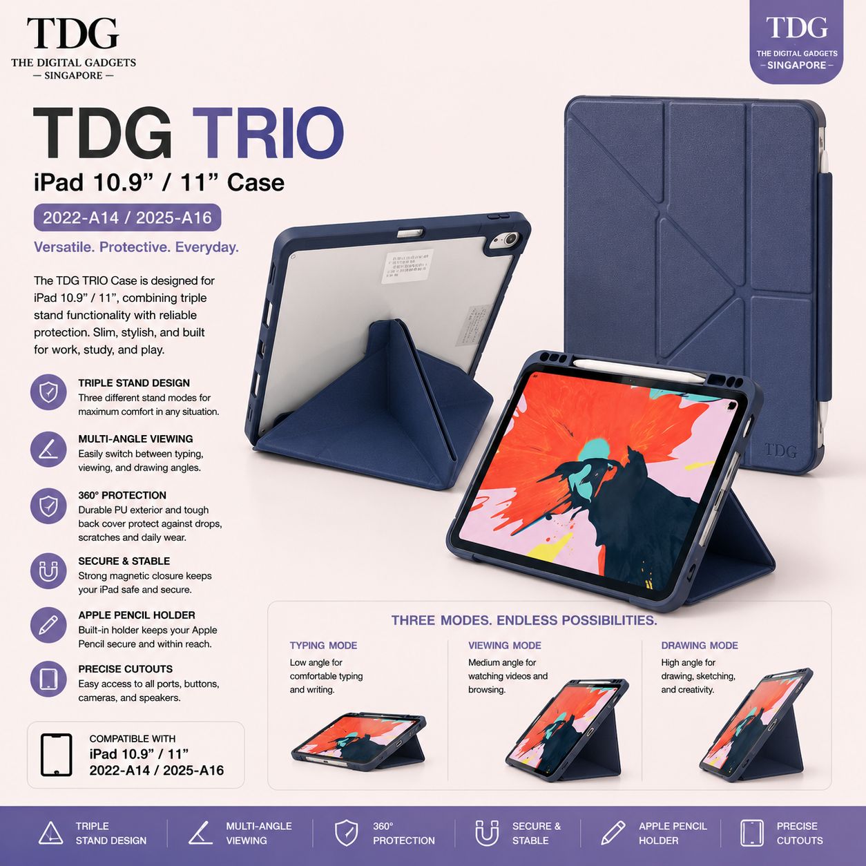 TDG TRIO Case for iPad 10.9"/11" (2022–2025)