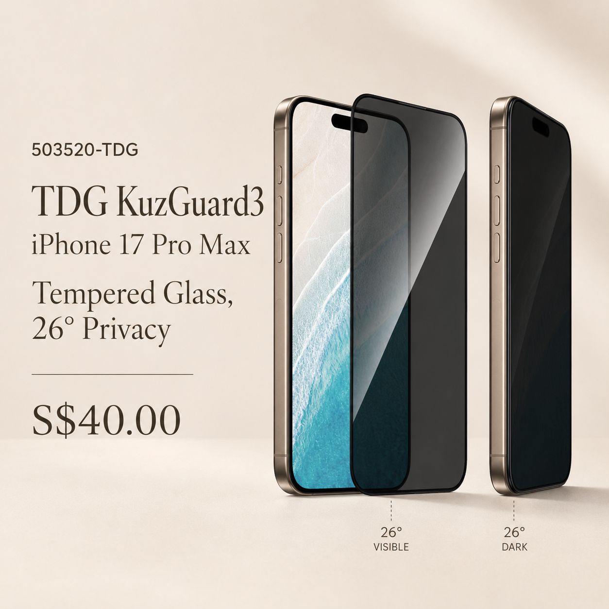 TDG KuzGuard3 iPhone 17 Pro Max Tempered Glass, 26 Degree Privacy