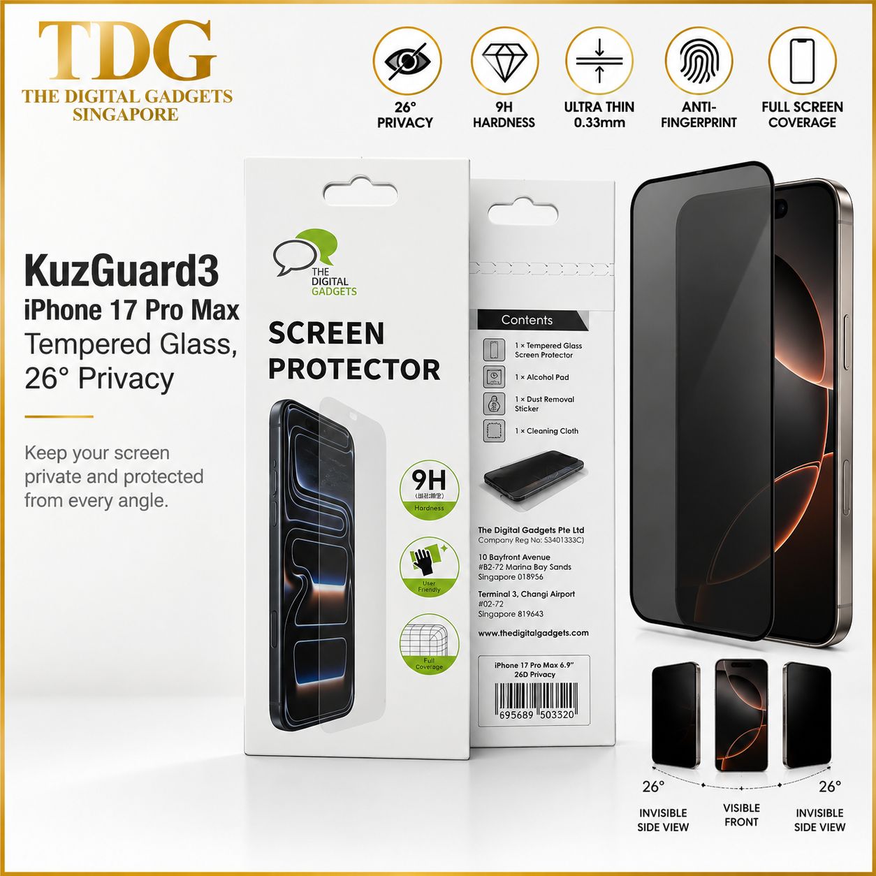 TDG KuzGuard3 iPhone 17 Pro Max Tempered Glass, 26 Degree Privacy