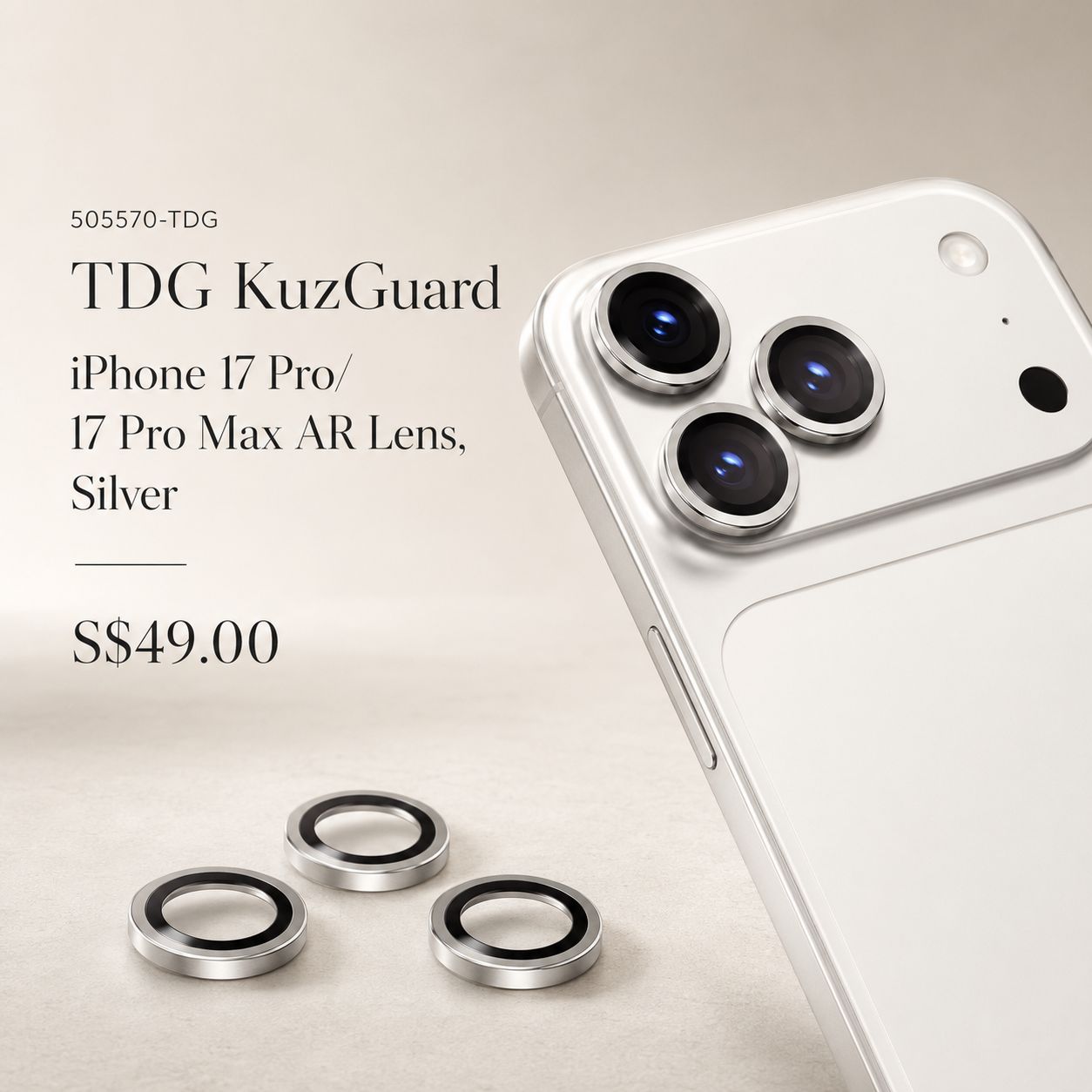 TDG KuzGuard iPhone 17 Pro/17 Pro Max AR Lens, Silver