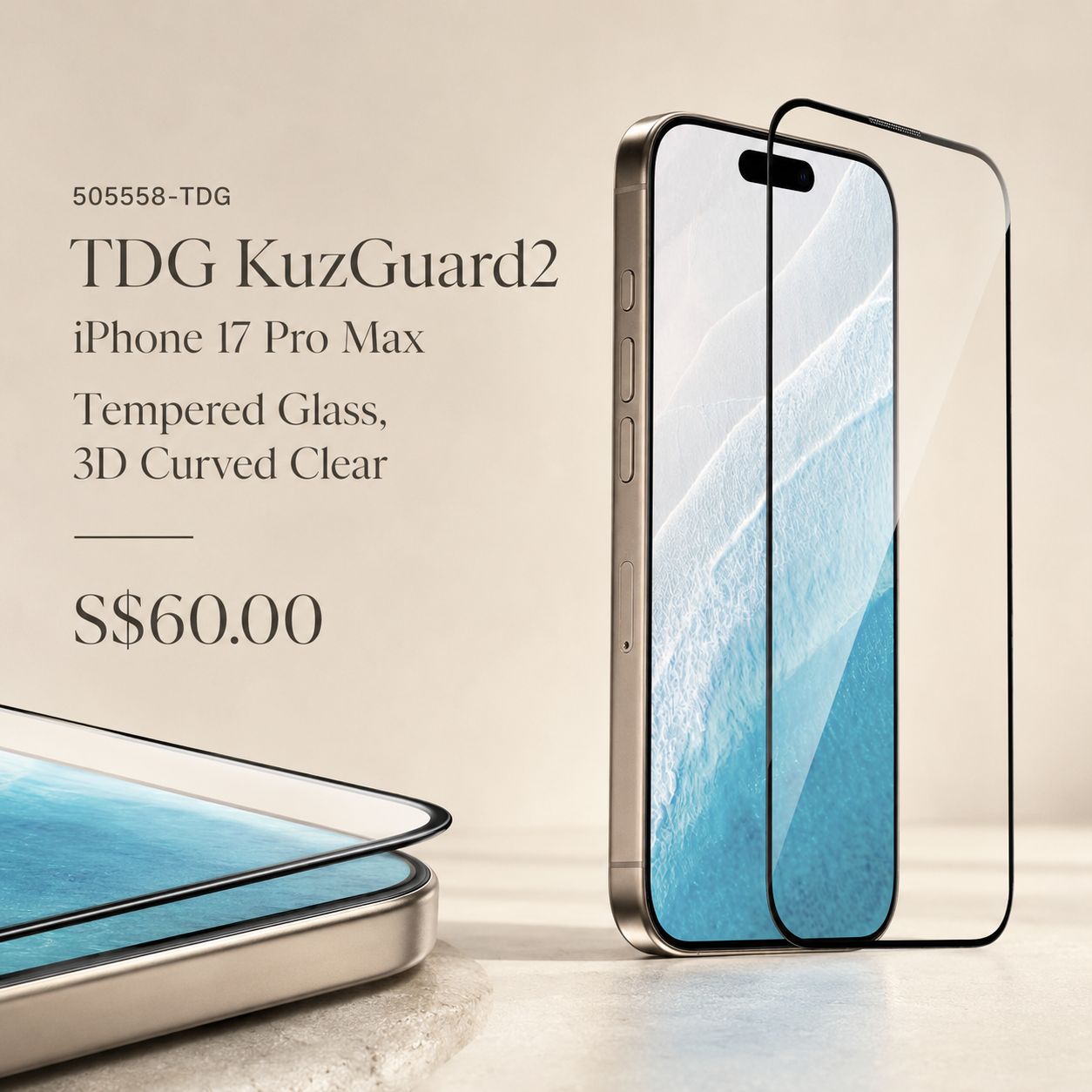 TDG KuzGuard2 iPhone 17 Pro Max Tempered Glass, 3D Curved Clear