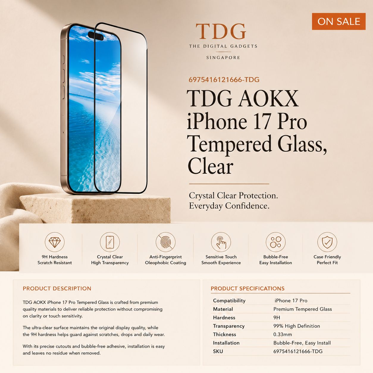 TDG AOKX iPhone 17 Pro Tempered Glass, Clear