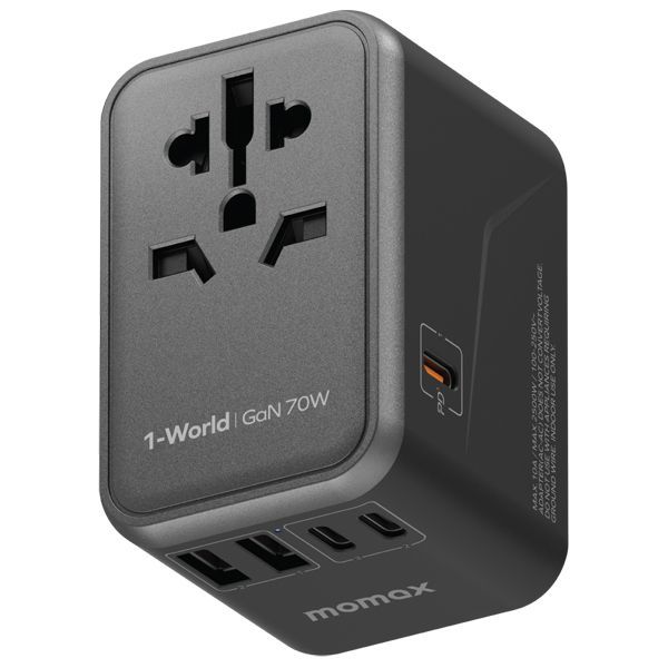 Momax UA22 70W GaN 5-Port + Dual AC Travel Adapter, Black
