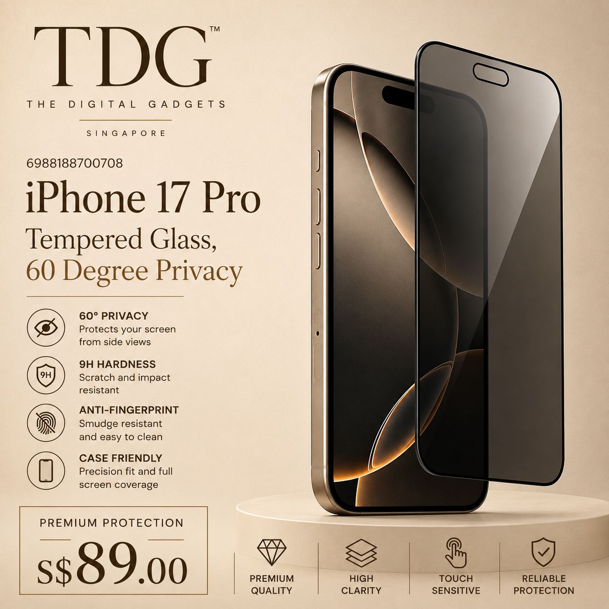 TDG &amp;nbsp;iPhone 17 Pro Tempered Glass, 60 Privacy