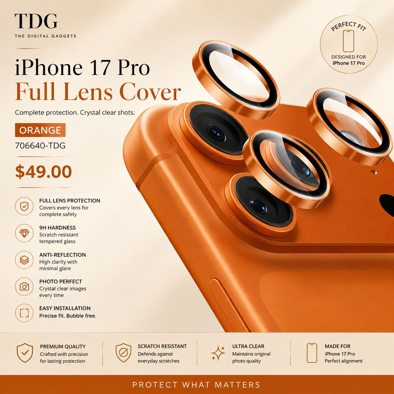 TDG iPhone 17 Pro Full Lens Cover, Orange