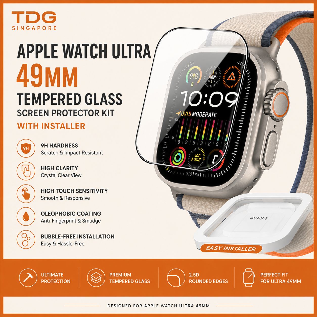 TDG Apple Watch Ultra 49mm Tempered Glass with Installer, Clear