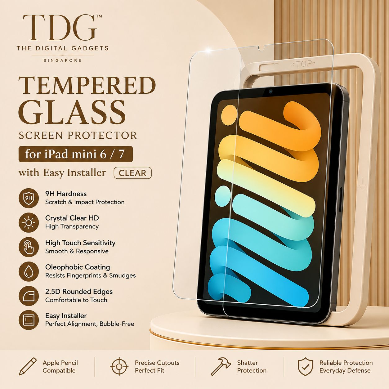 TDG iPad mini 6/7 Tempered Glass w/Installer, Clear