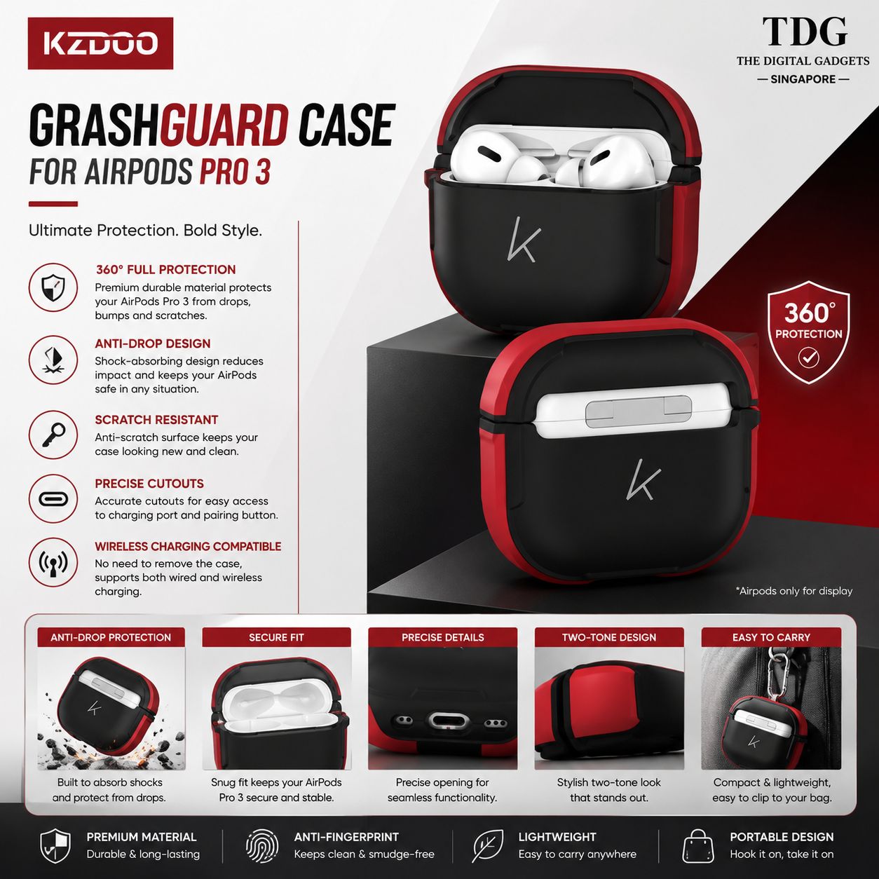 KZDOO AirPods Pro 3 Grashguard Protective Case – Red