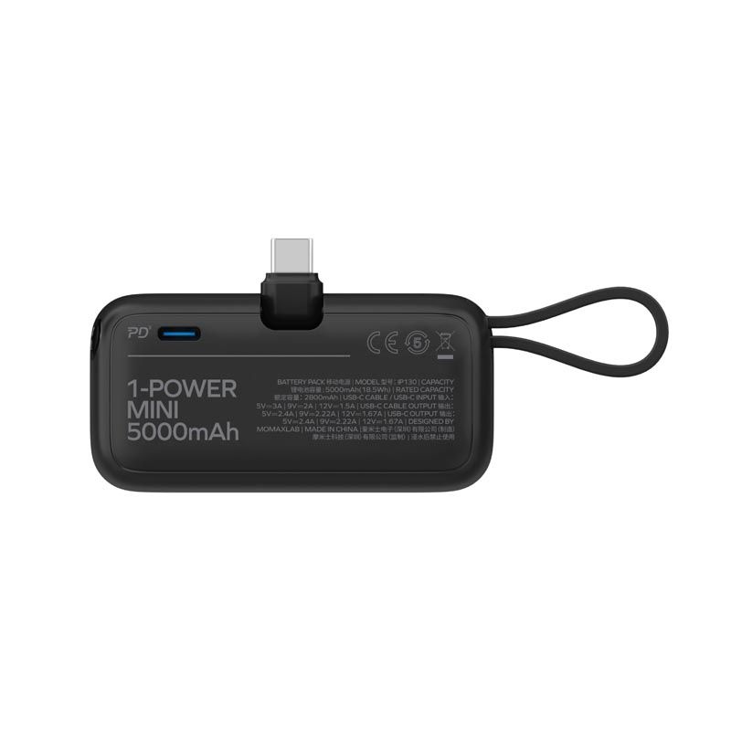 Momax 3-in-1 Mini Power Bank with USB-C Plug 5000mAh, Black