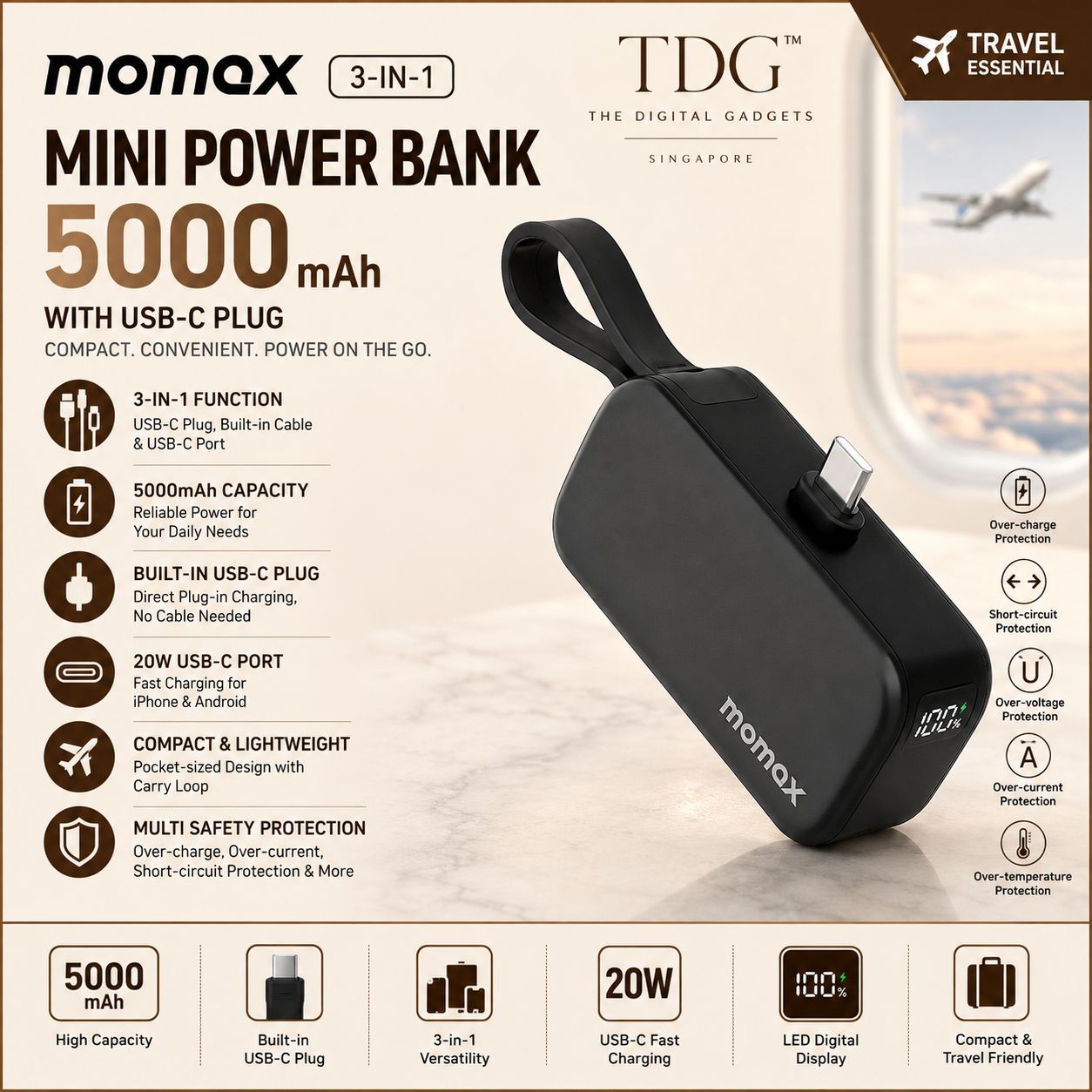 Momax 3-in-1 Mini Power Bank with USB-C Plug 5000mAh, Black