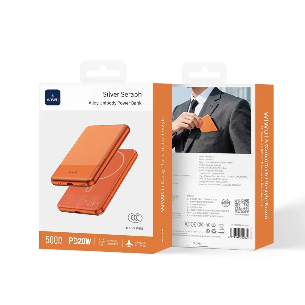 WiWU P088 Silver Seraph Alloy Unibody Power Bank 5000mAh, Orange
