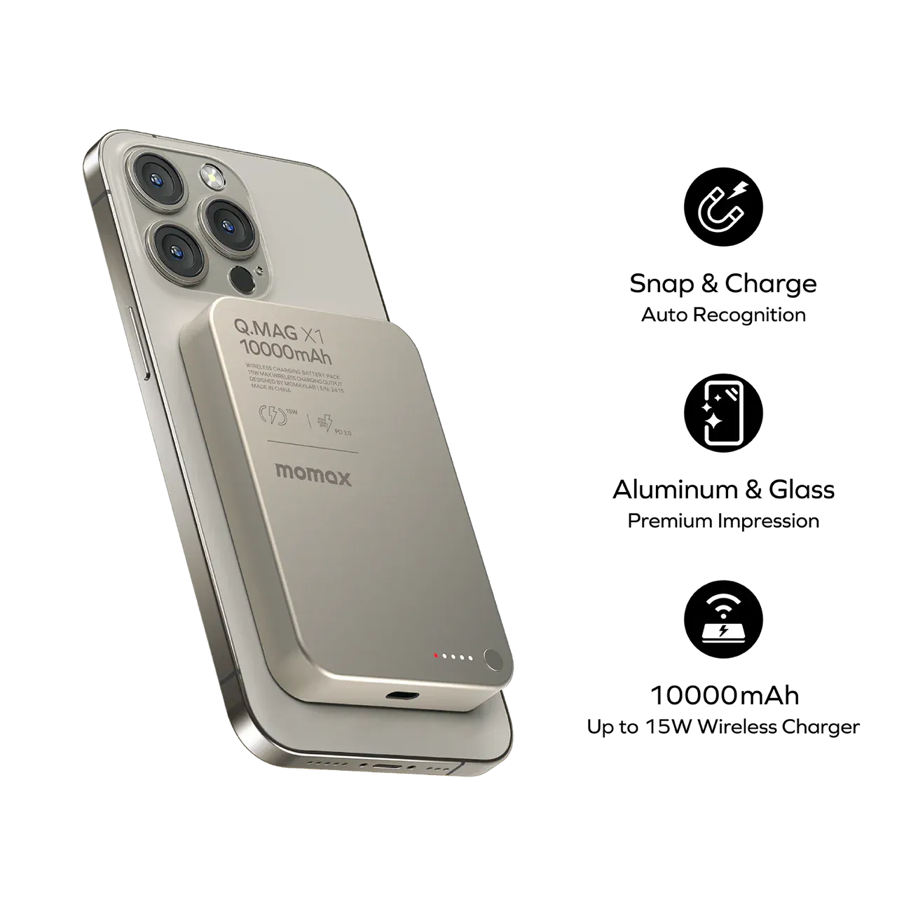 Momax X Magnetic Wireless Power Bank 10000mAh, Desert Gold