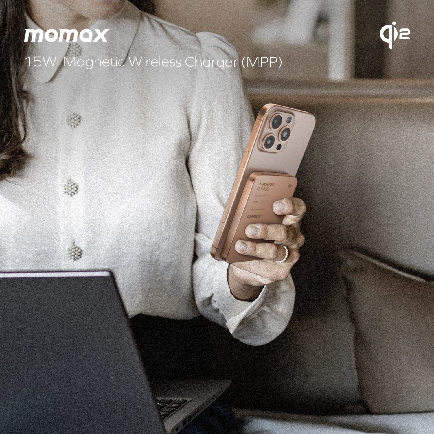 Momax Ultra Slim Magnetic Wireless Power Bank 5000mAh, Desert Gold