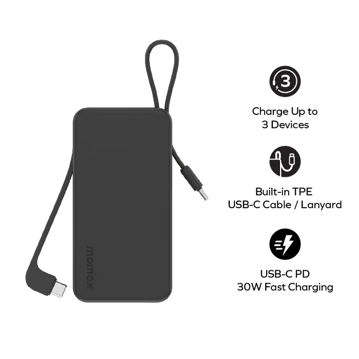 Momax Vital Power Bank 10000mAh with Dual USB-C Cable, Black