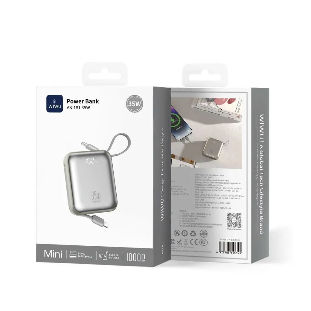 WiWU AS-181 Mini Power Bank 10000mAh, Silver