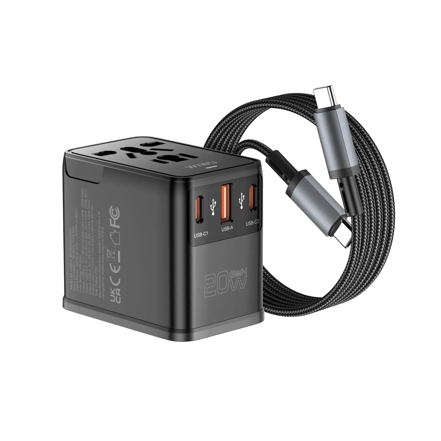 WiWU UA013 Universal 20W GaN Plug Adapter Cable Combo, Black