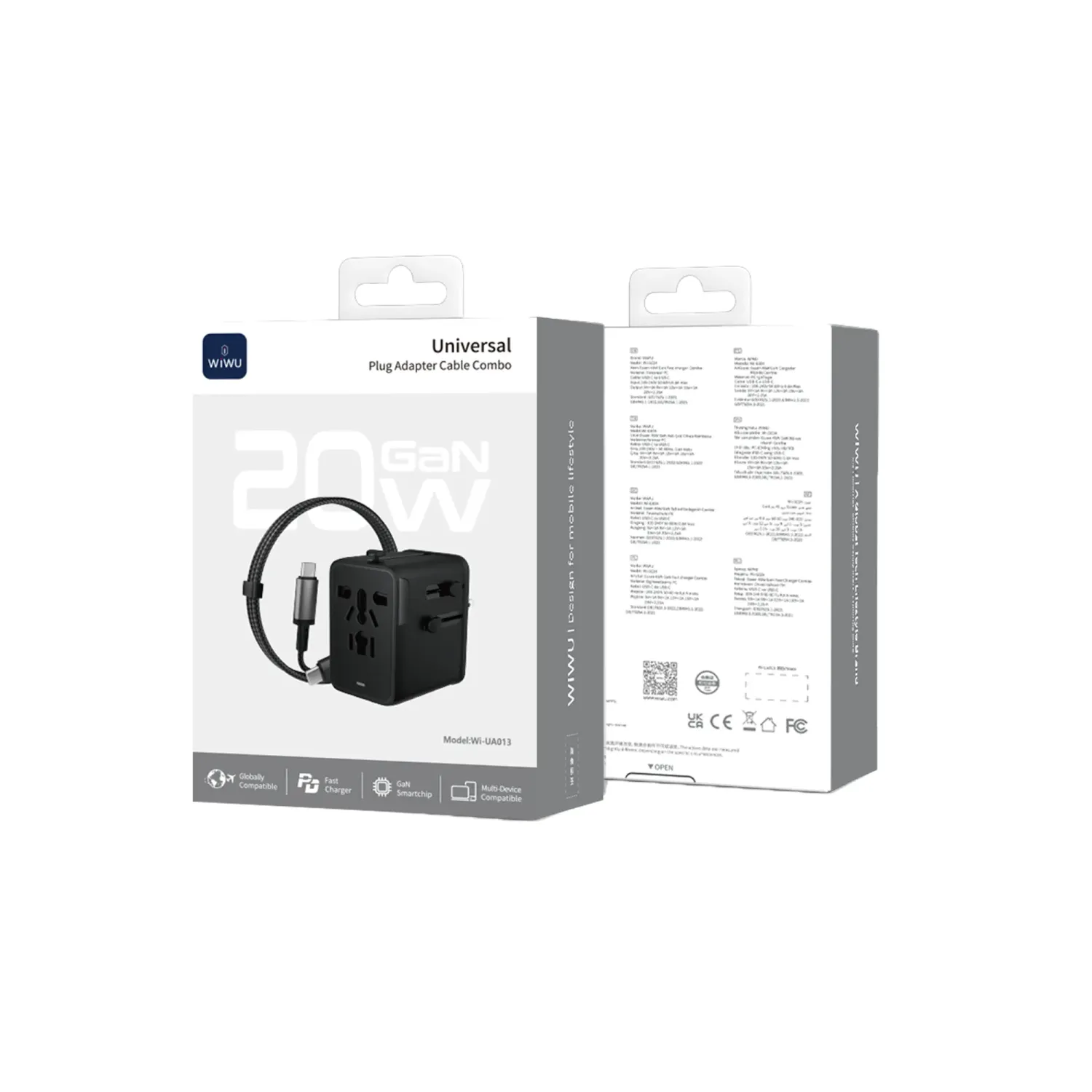 WiWU UA013 Universal 20W GaN Plug Adapter Cable Combo, Black