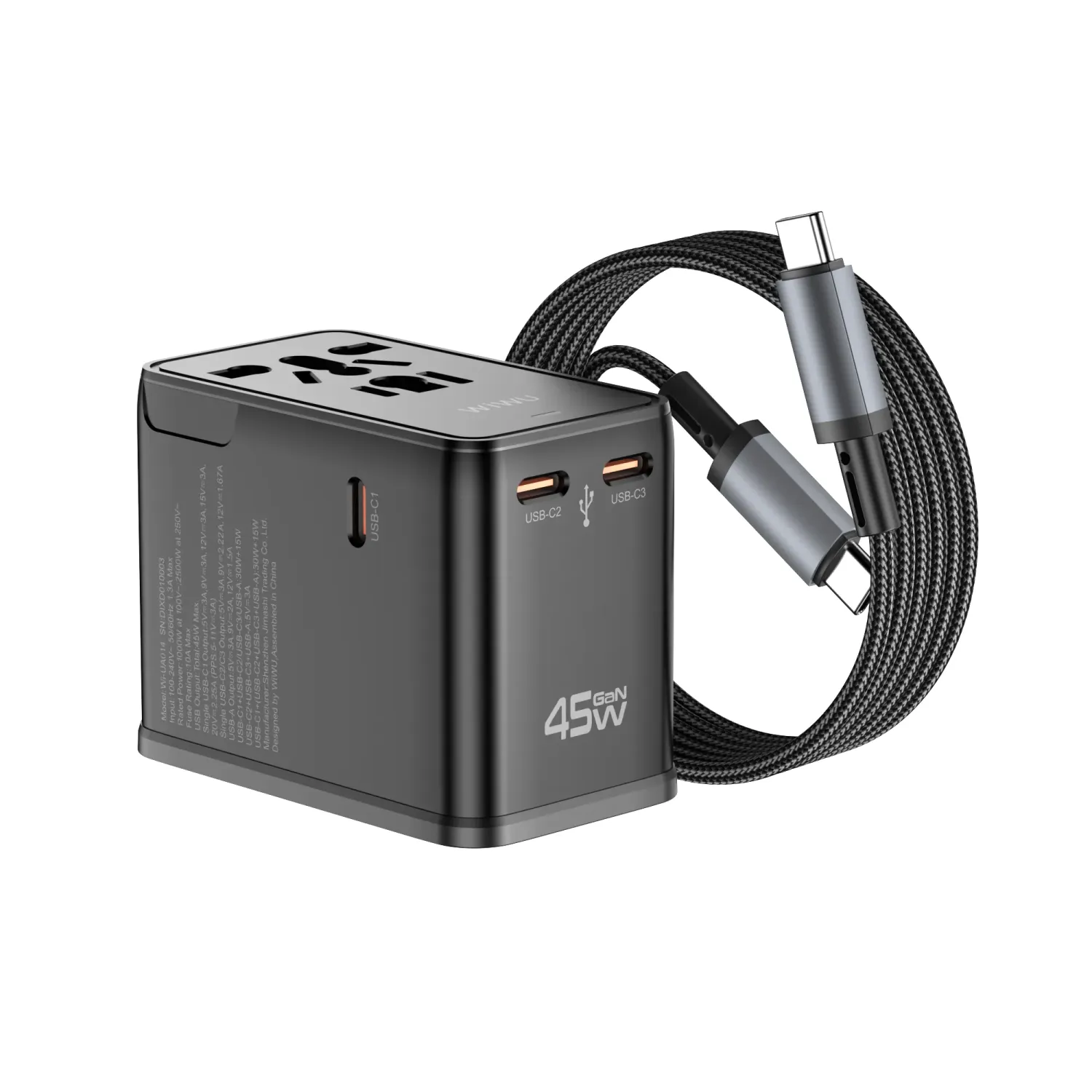 WiWU UA014 Universal 45W GaN Plug Adapter Cable Combo, Black