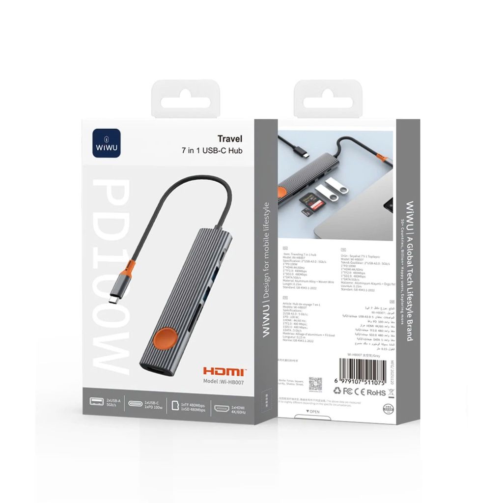 WiWU HB007 Travel 7 in 1 USB-C Hub, Grey