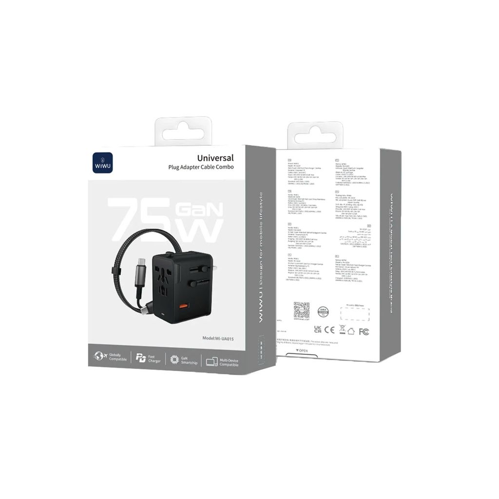 WiWU UA015 Universal 75W GaN Plug Adapter Cable Combo, Black