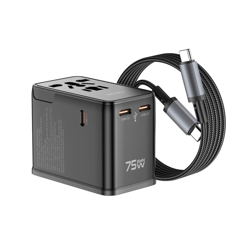 WiWU UA015 Universal 75W GaN Plug Adapter Cable Combo, Black