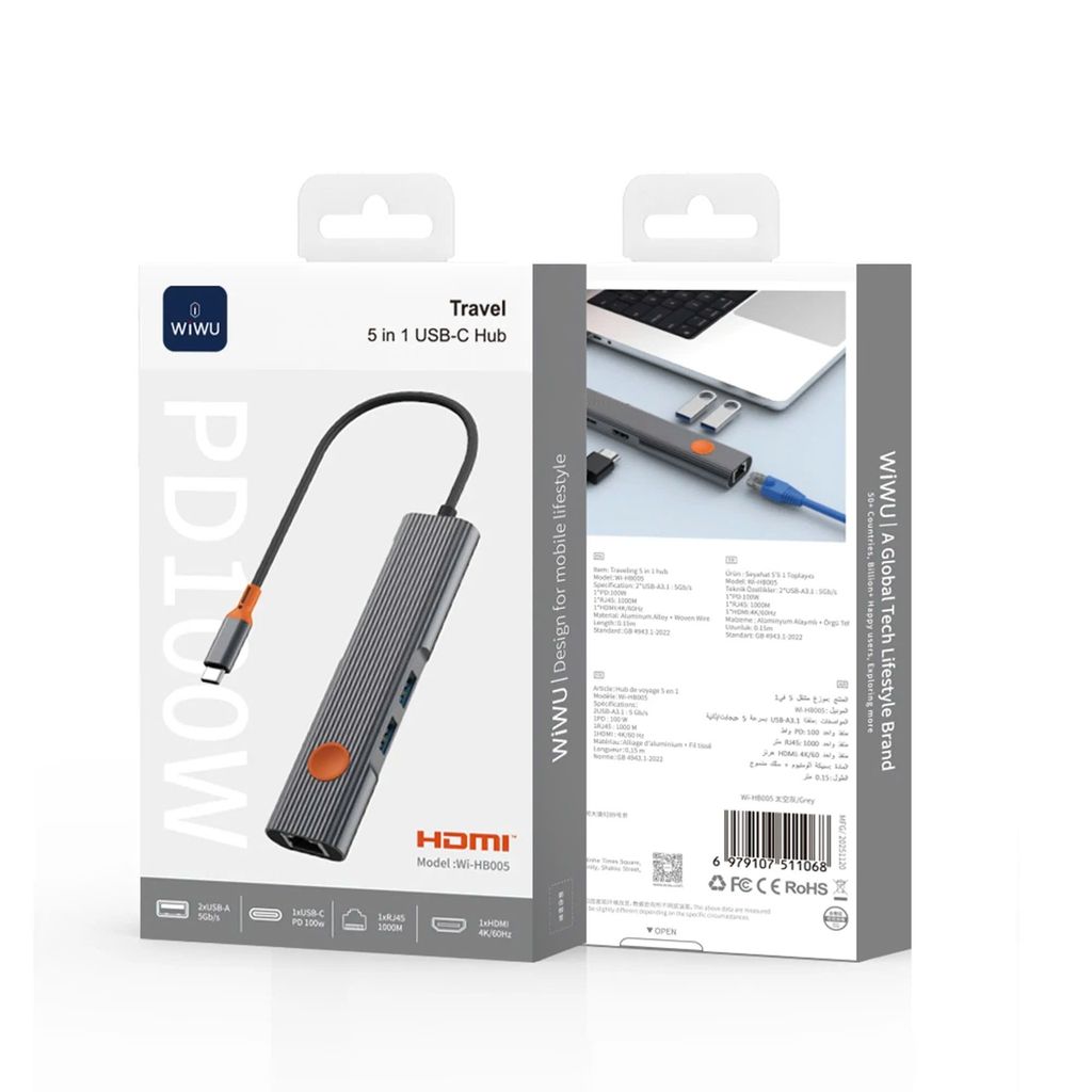 WiWU HB005 Travel 5 in 1 USB-C Hub, Grey