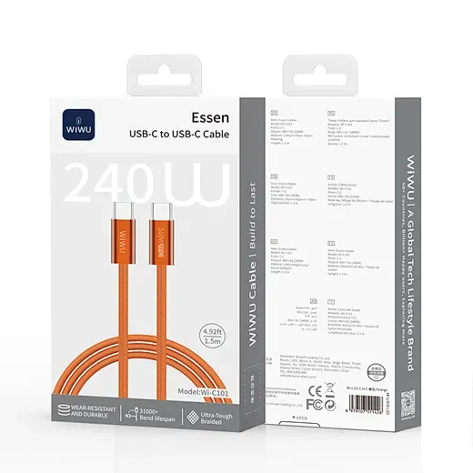 WiWU C101 Essen USB-C to USB-C Nylon Cable, 1.5M Orange