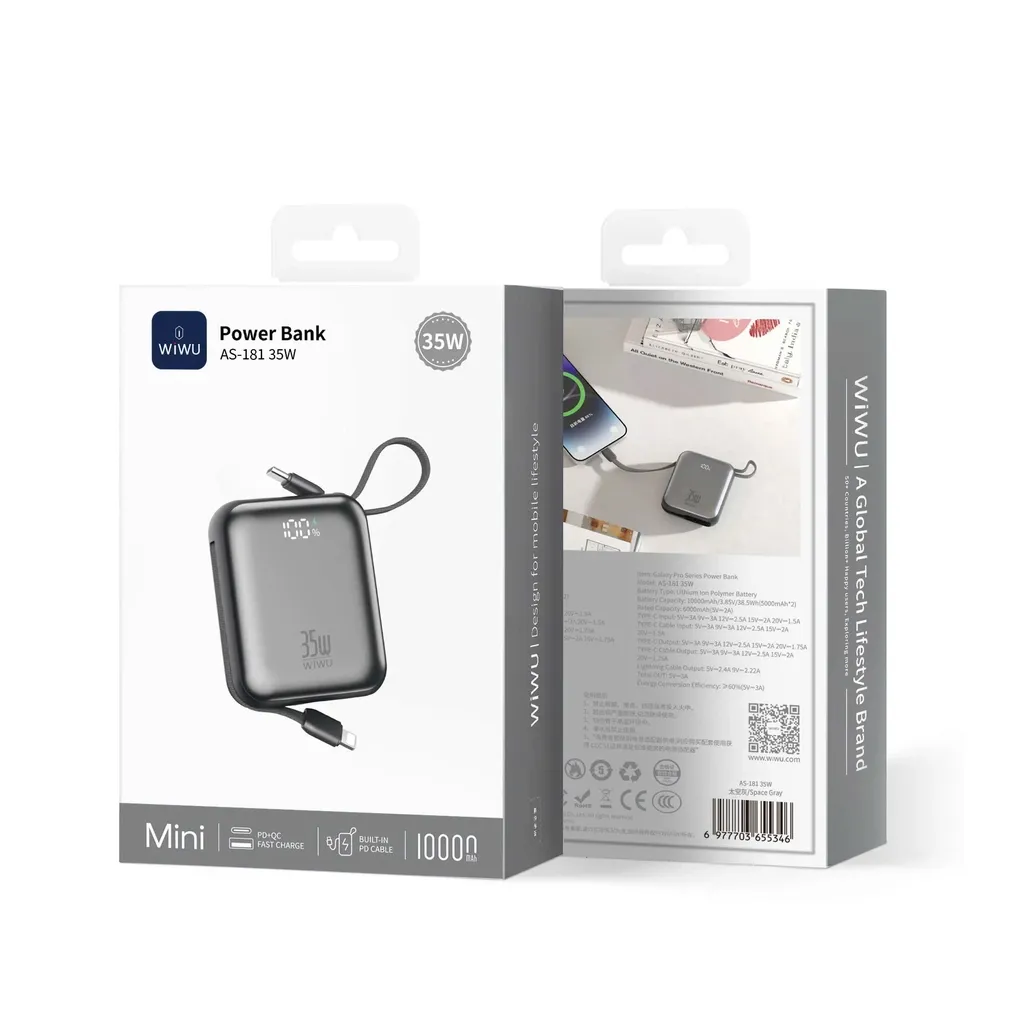 WiWU AS-181 Mini Power Bank 10000mAh, Space Gray