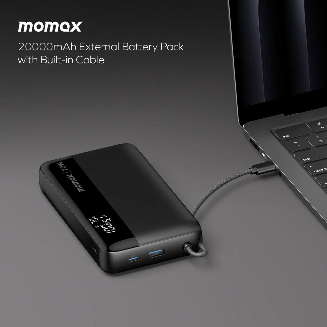 Momax Ultra+ Power Bank 20000mAh with USB-C Cable, Black
