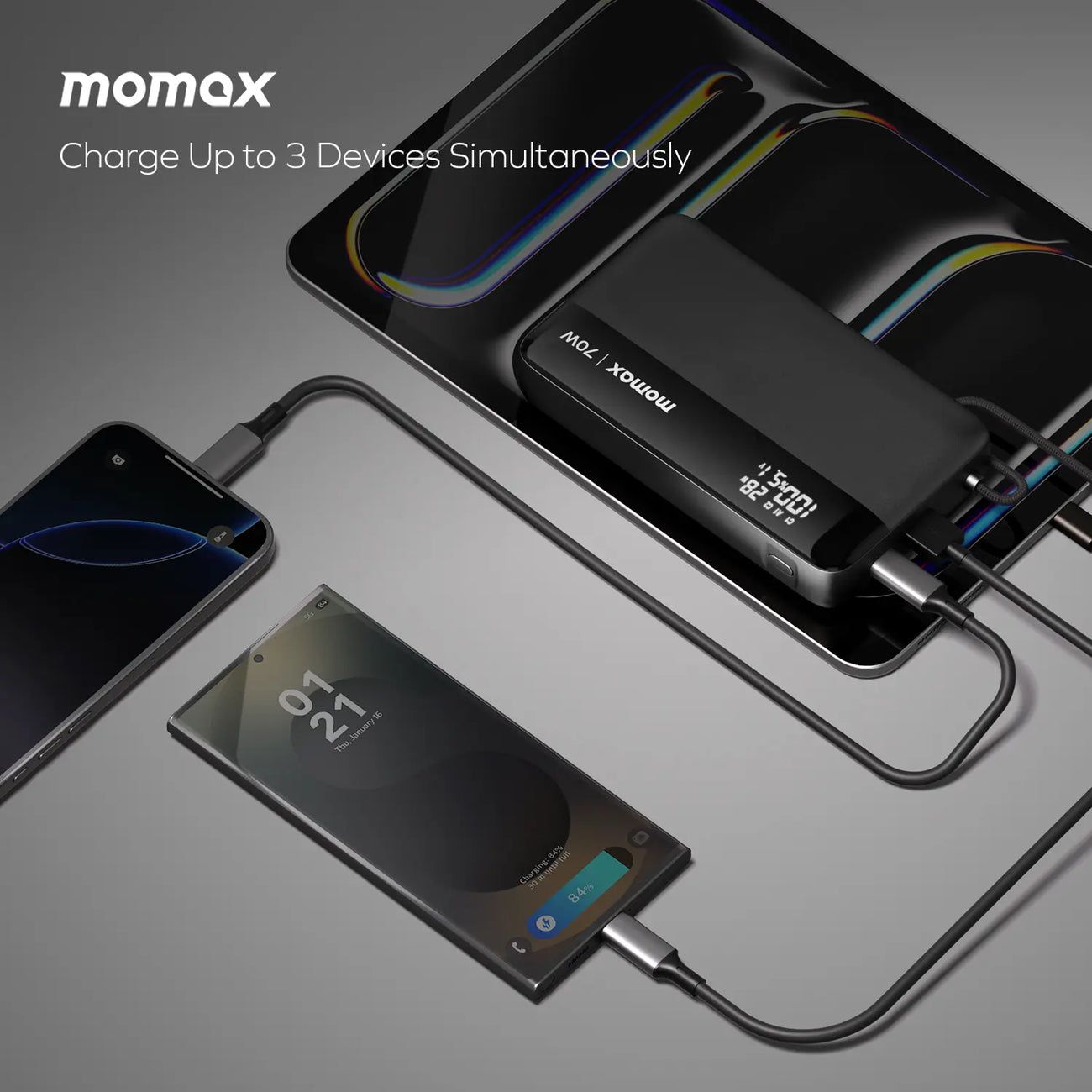 Momax Ultra+ Power Bank 20000mAh with USB-C Cable, Black