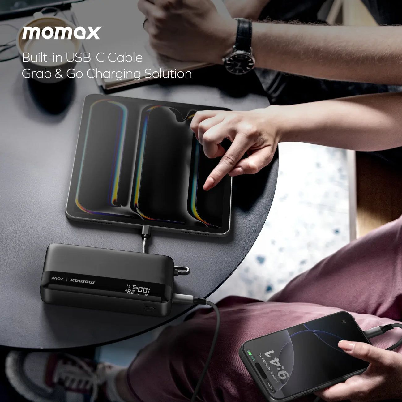 Momax Ultra+ Power Bank 20000mAh with USB-C Cable, Black