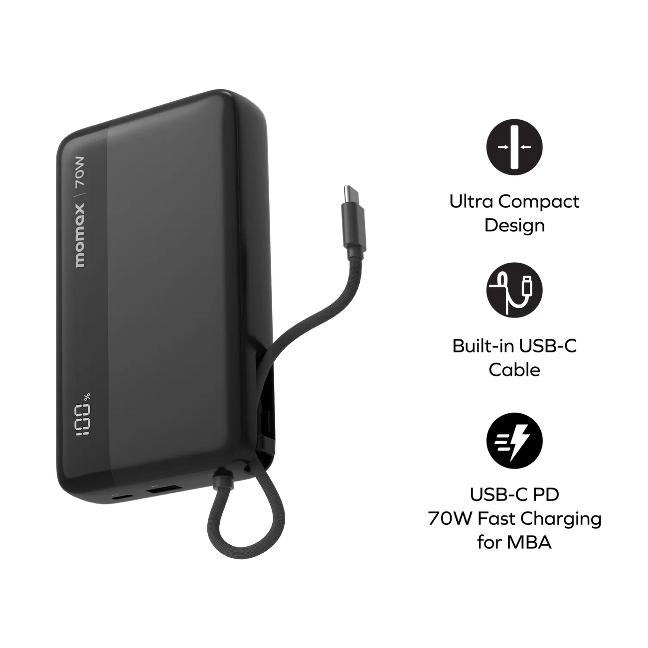 Momax Ultra+ Power Bank 20000mAh with USB-C Cable, Black