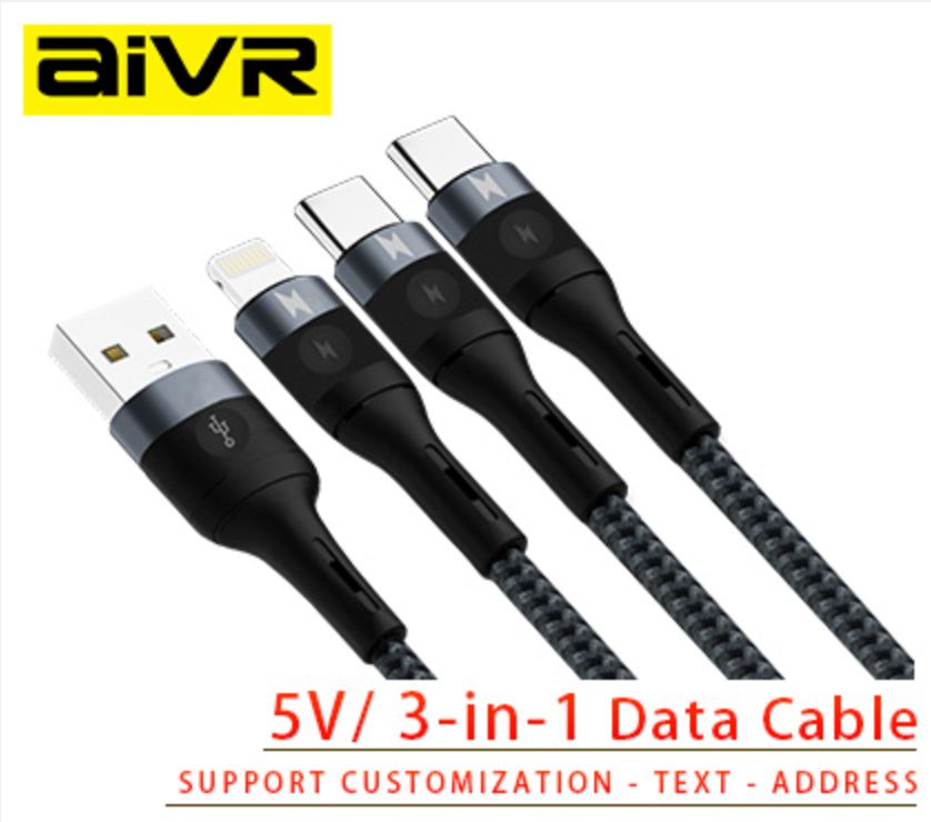 Aivr K371R 3in1 USB-A to Lightning+ Dual Type-C Cable, 1M Black