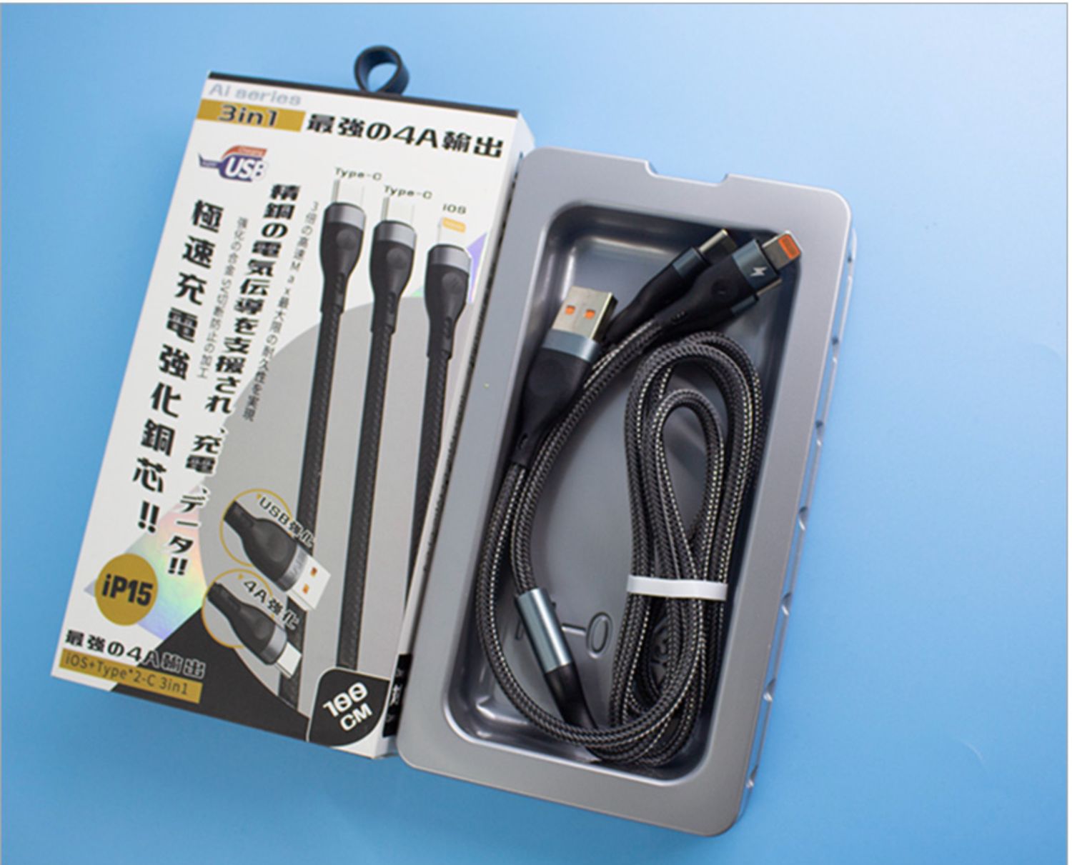 Aivr K371R 3in1 USB-A to Lightning+ Dual Type-C Cable, 1M Black