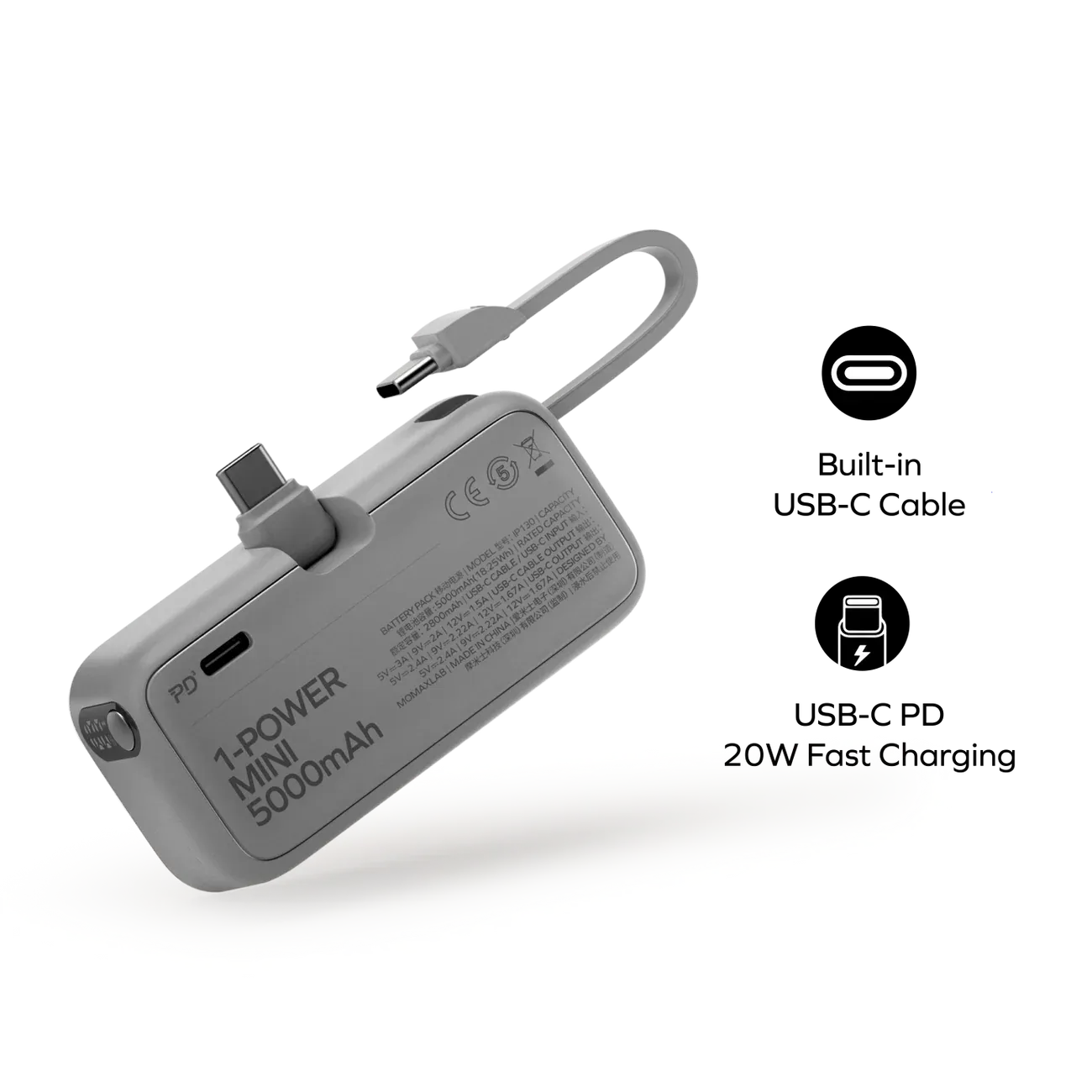 Momax 3-in-1 Mini Power Bank with USB-C Plug 5000mAh, Gray