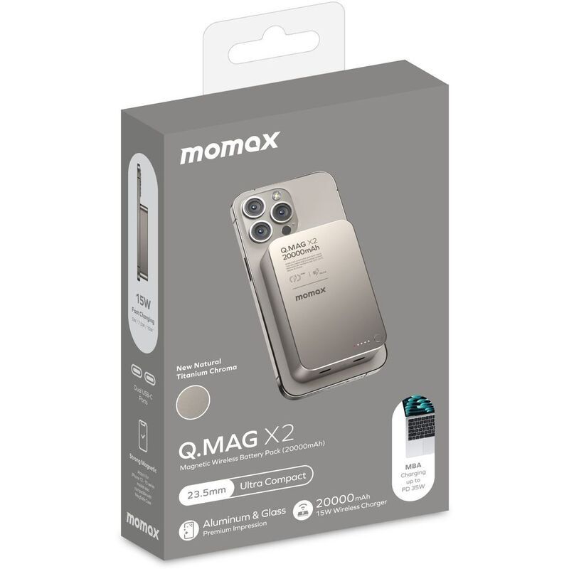 Momax Ultra Compact Magnetic Wireless Power Bank 20000mAh, Titanium Chroma