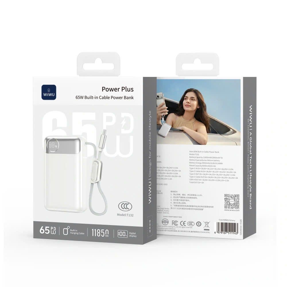 WiWU T132 Power Plus Power Bank 12000mAh, Silvery