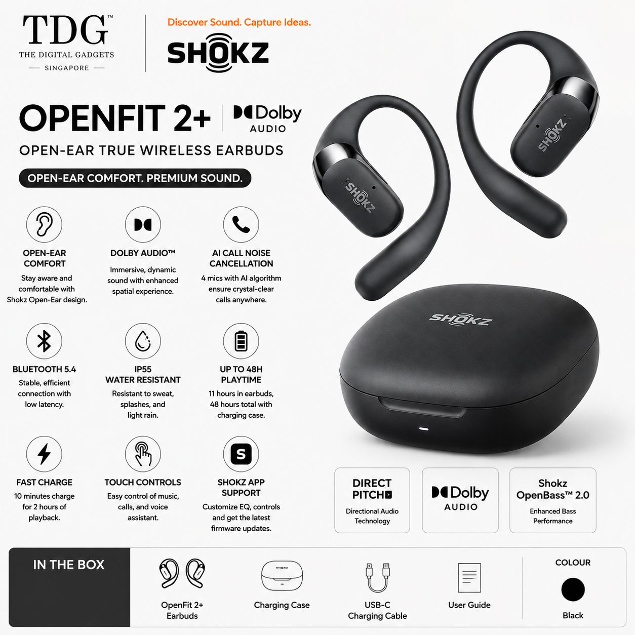 SHOKZ OPENFIT 2+ DOLBY AUDIO OPEN-EAR TRUE WIRELESS EARBUDS BLACK (SHOKZ T921-ST-BK)