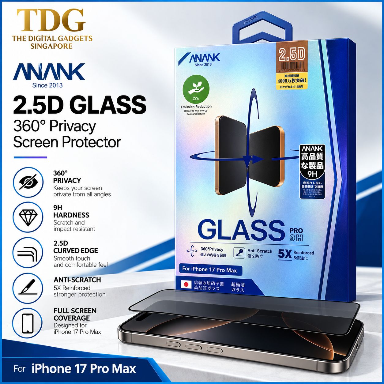 Anank iPhone 17 Pro Max Tempered Glass, 2.5D 360 Privacy