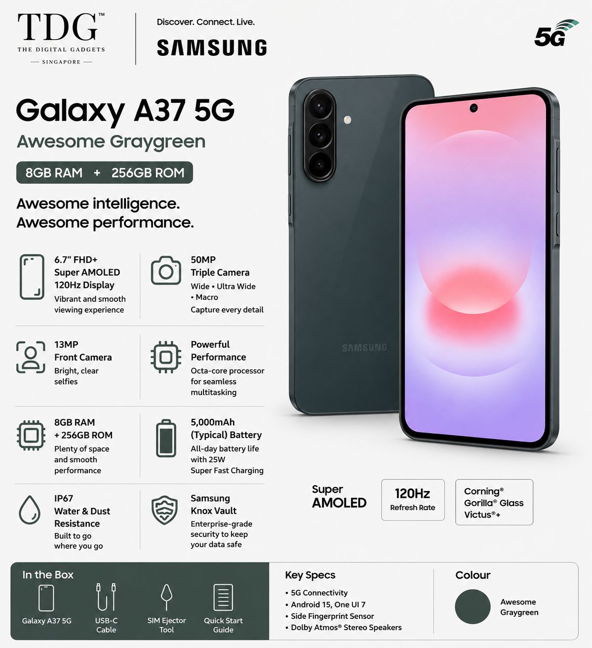 Samsung Galaxy A37 5G 8GB+256GB, Awesome Graygreen