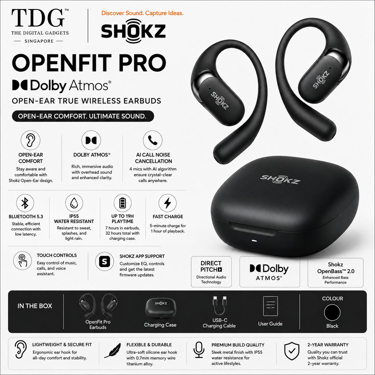 SHOKZ OPENFIT PRO DOLBY ATMOS OPEN-EAR TRUE WIRELESS EARBUDS - BLACK (SHOKZ T010-ST-BK)