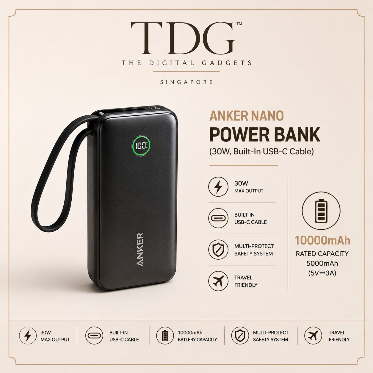 Anker A1259 Series 5 Nano Power Bank 10000mAh with Built-in USB-C Cable, Black