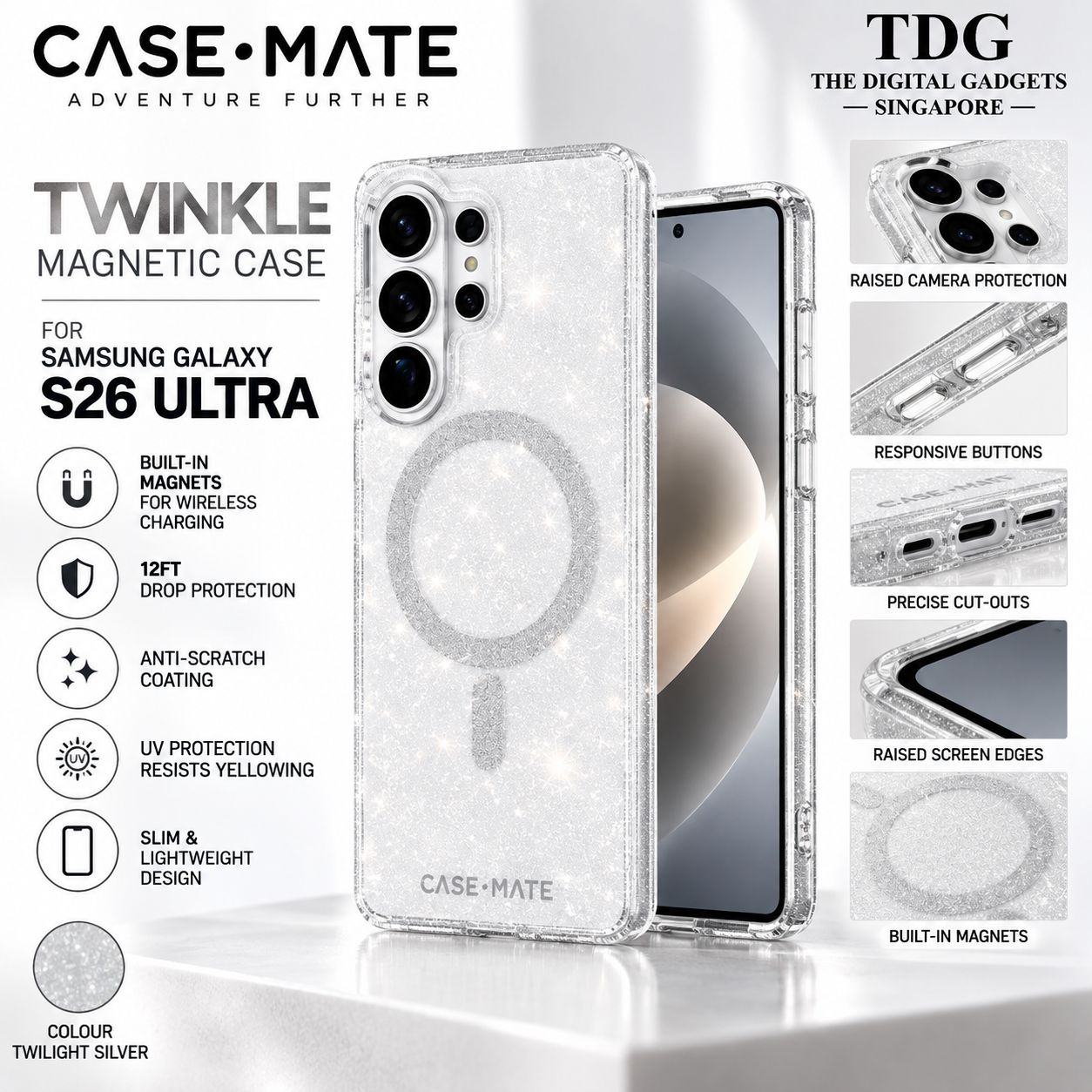 Case-Mate Samsung Galaxy S26 Ultra Twinkle Magnetic Case - Twilight Silver