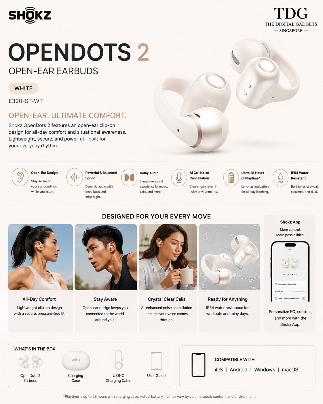 SHOKZ OPENDOTS 2 EARBUDS - WHITE (SHOKZ E320-ST-WT)‎