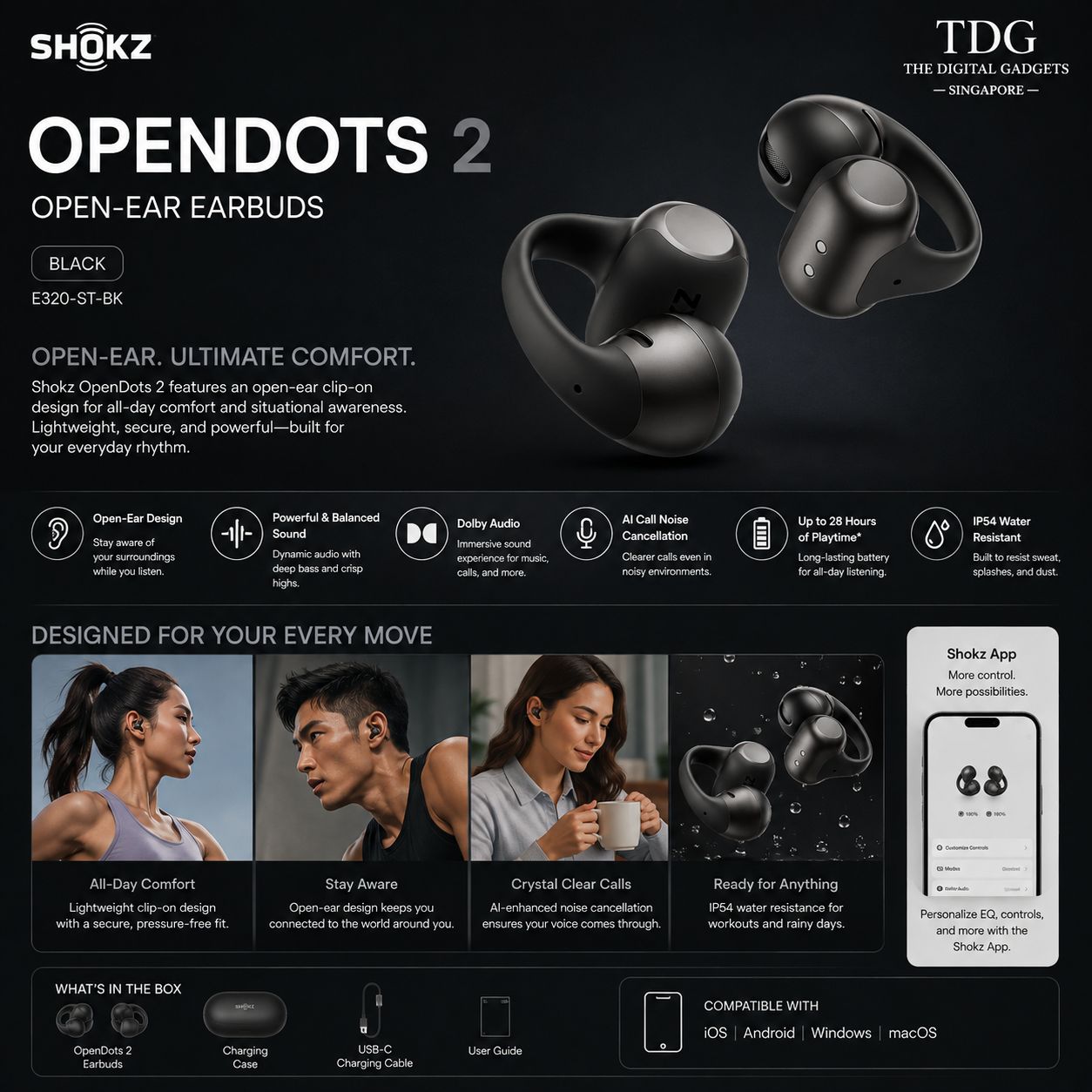 SHOKZ OPENDOTS 2 EARBUDS - BLACK (SHOKZ E320-ST-BK)‎