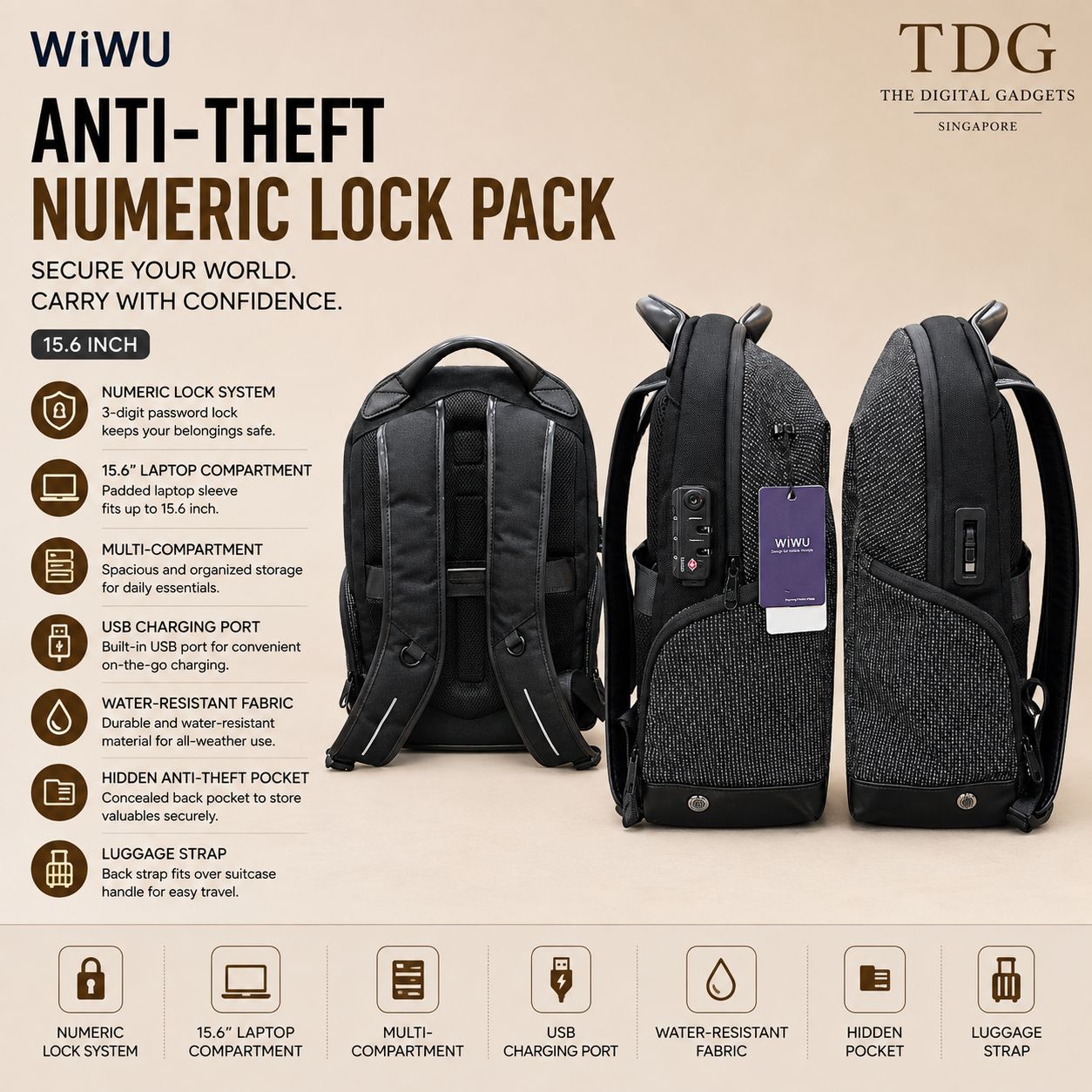 WiWU Anti-Theft Numeric Lock Pack 15.6 inch