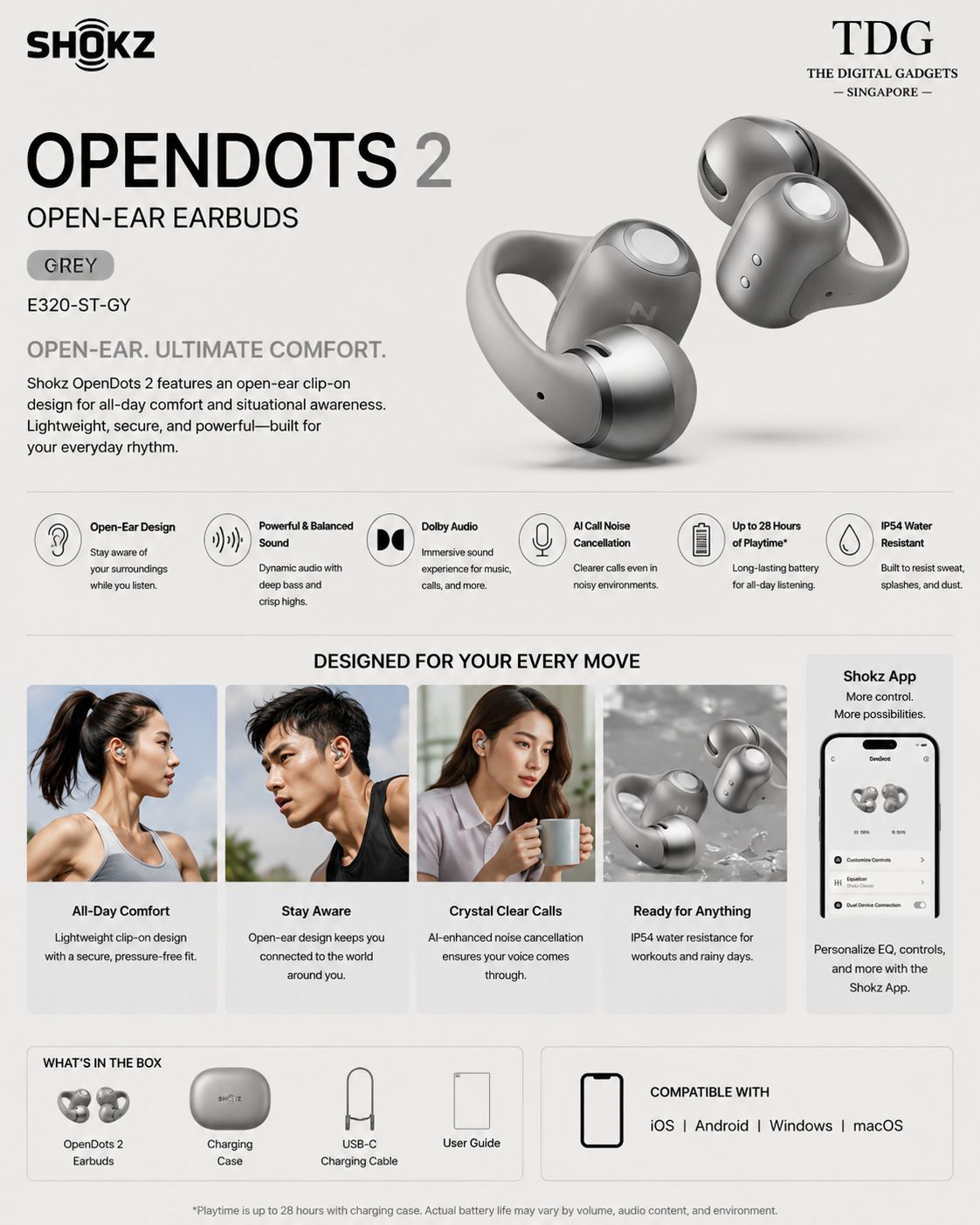 SHOKZ OPENDOTS 2 EARBUDS - GREY (SHOKZ E320-ST-GY)‎