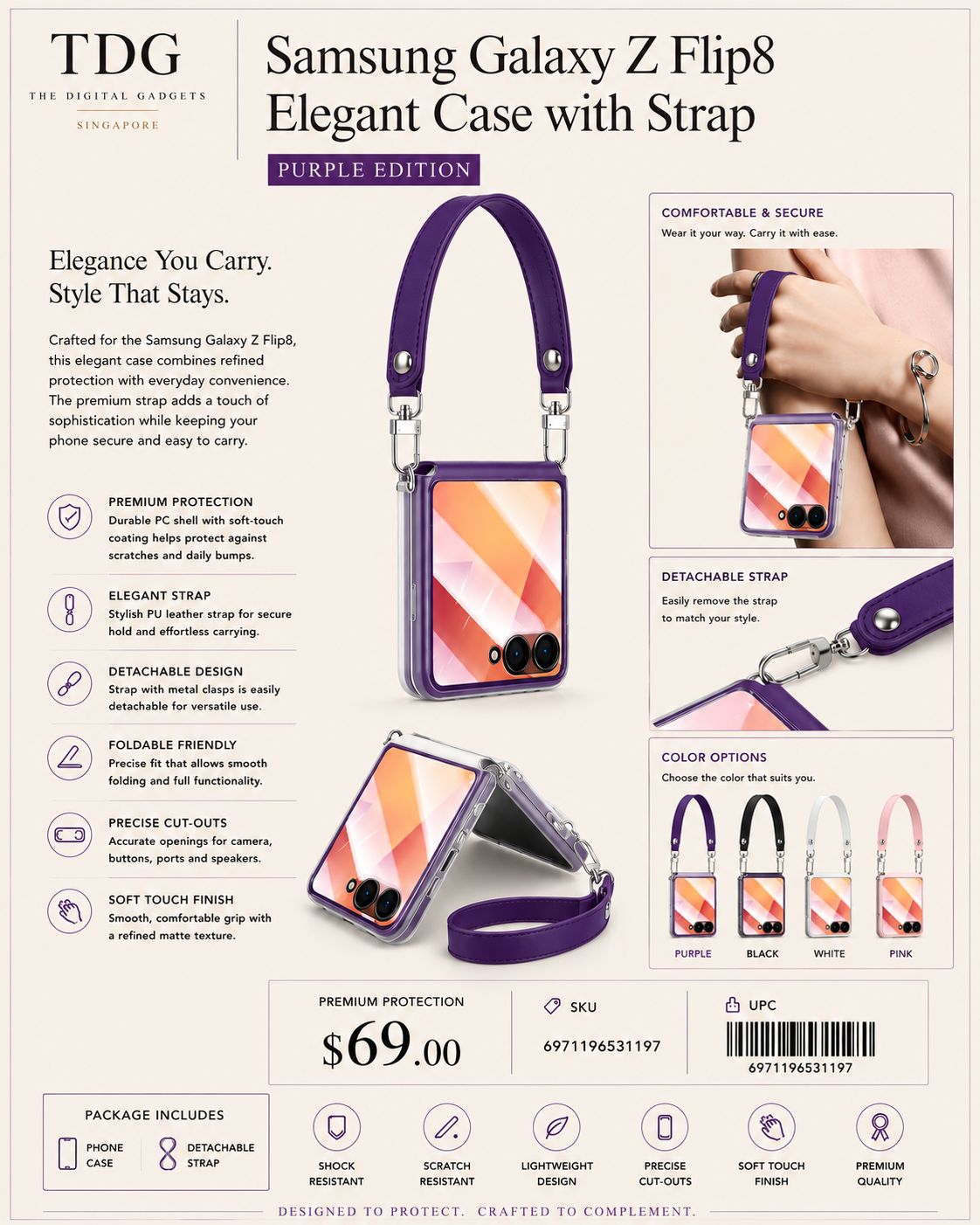 TDG Samsung Galaxy Z Flip8 Elegant Case with Strap, Purple